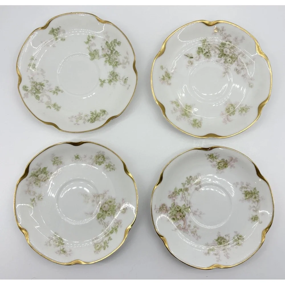 Set of 4 Vintage Haviland & Co Limoges Schleiger Gold‎ Trim Floral Saucers 5.25